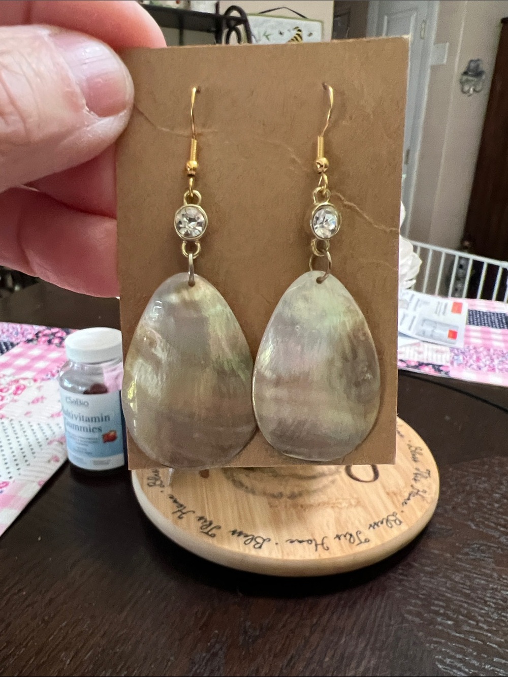 Source Unknown Gold and Iridescent Teardrop Shell Earrings